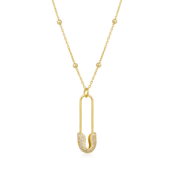 Sterling Jewelled Safety Pin Necklace Beaded Chain