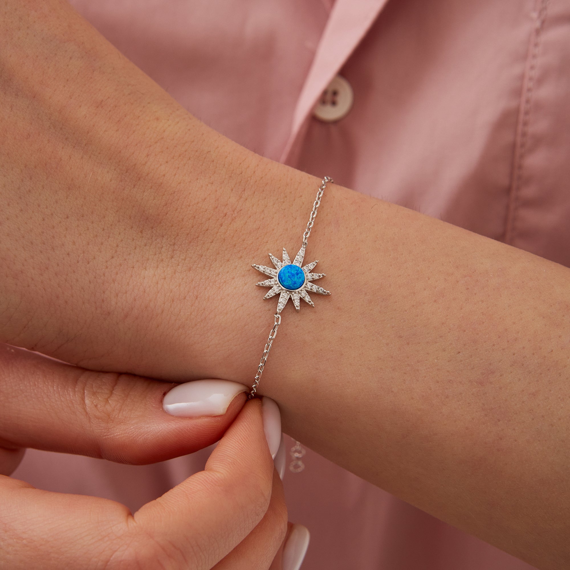 Blue Opal Sun Sterling Silver Necklace Earring and Bracelet Set