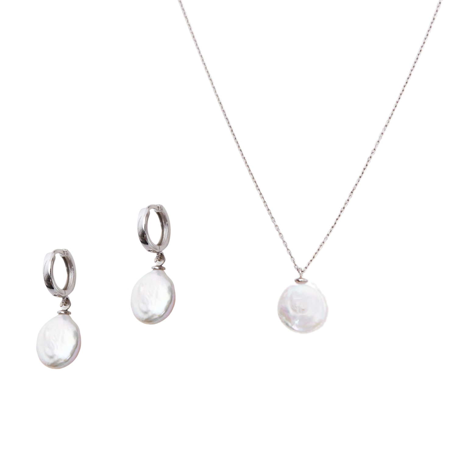 Baroque Flat Pearl Pendant Necklace and Earring Sterling Silver Set