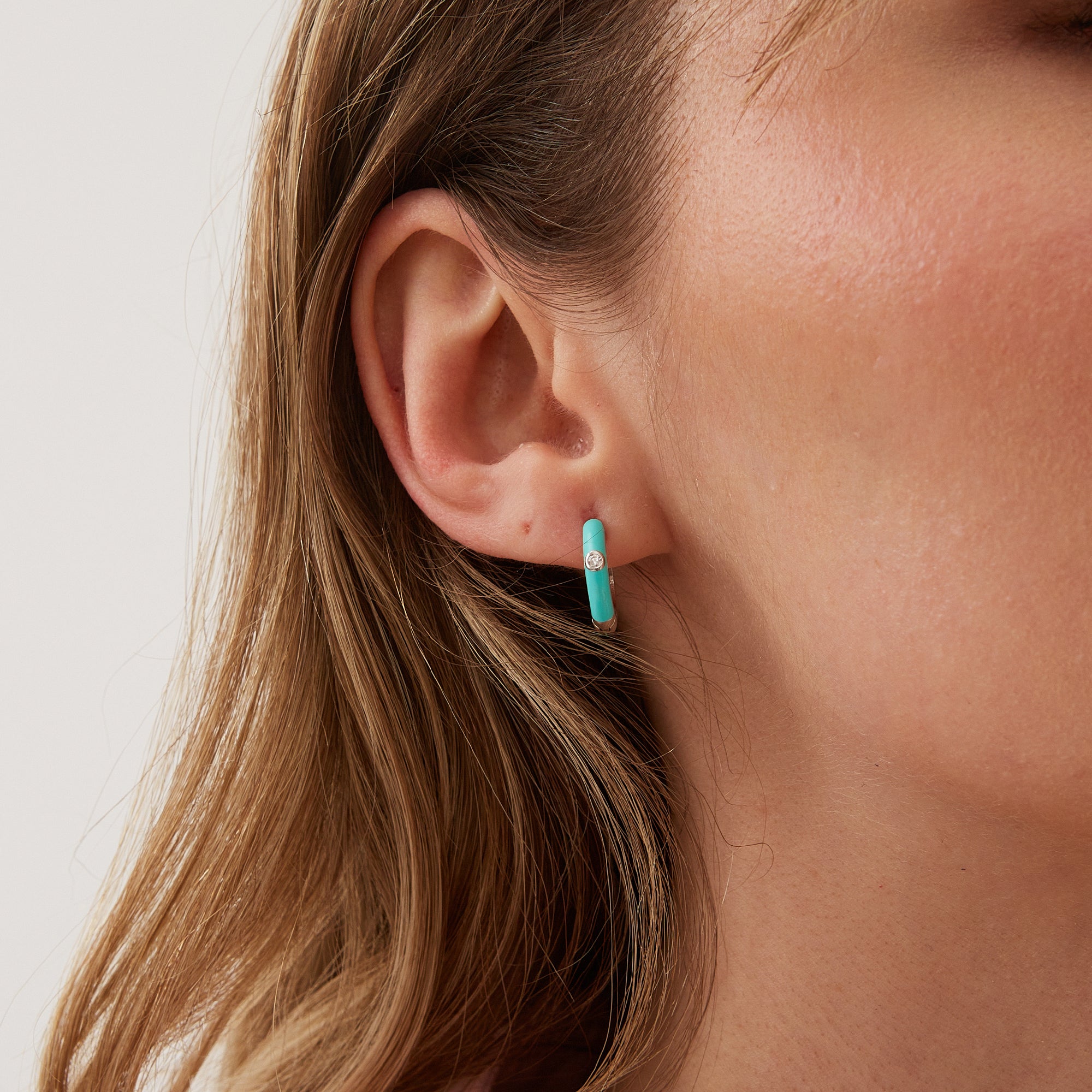 Light Blue Enamelled Jewelled Sterling Silver Hoops