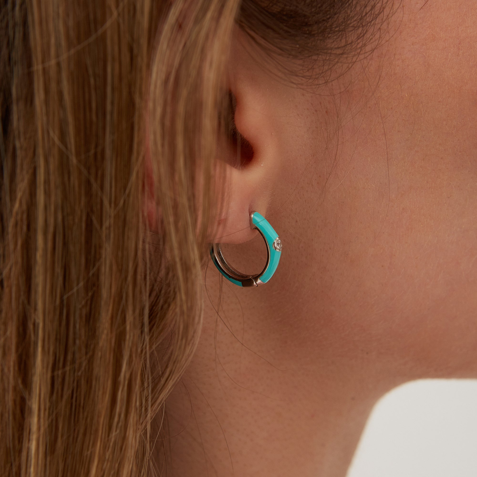 Light Blue Enamelled Jewelled Sterling Silver Hoops