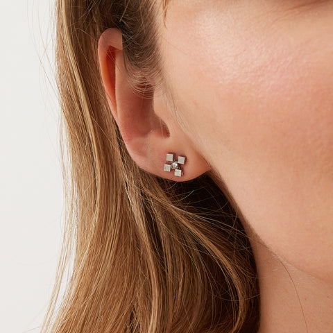 Four Cube Blocks Natural Textured Sterling Silver Authentic Stud Earrings