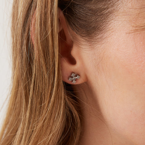 Four Cube Blocks Natural Textured Sterling Silver Authentic Stud Earrings