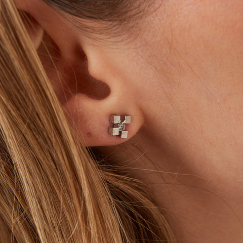 Four Cube Blocks Natural Textured Sterling Silver Authentic Stud Earrings