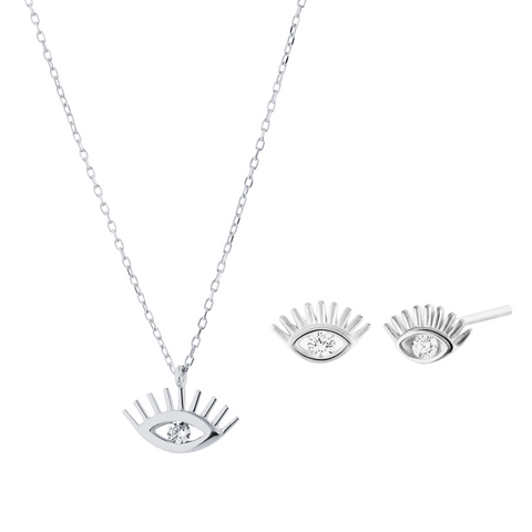 White Eye Evil Eye Sterling Silver Necklace and Studs Set
