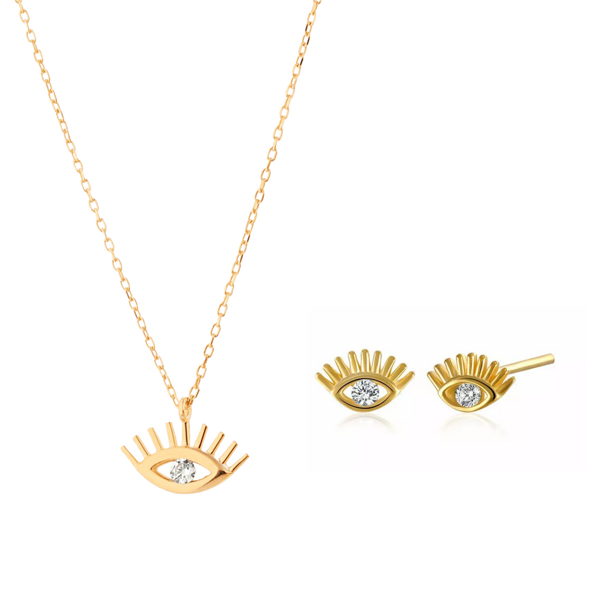 White Eye Evil Eye Sterling Silver Necklace and Studs Set