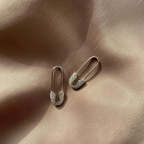 Pave Safety Pin Earrings Jewelled Sterling Silver