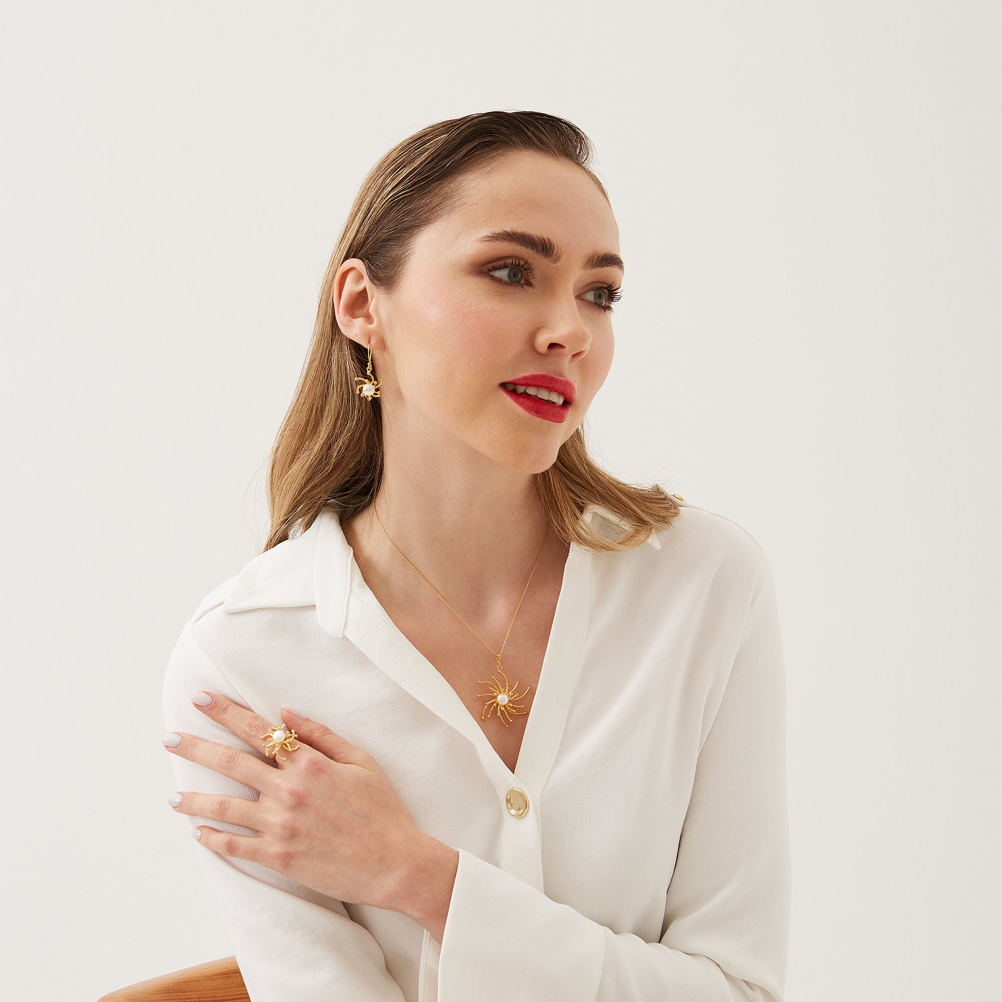 Pearl Sun Molten Dripping Sunburst Sterling Silver Complete Set Ring Necklace and Earrings