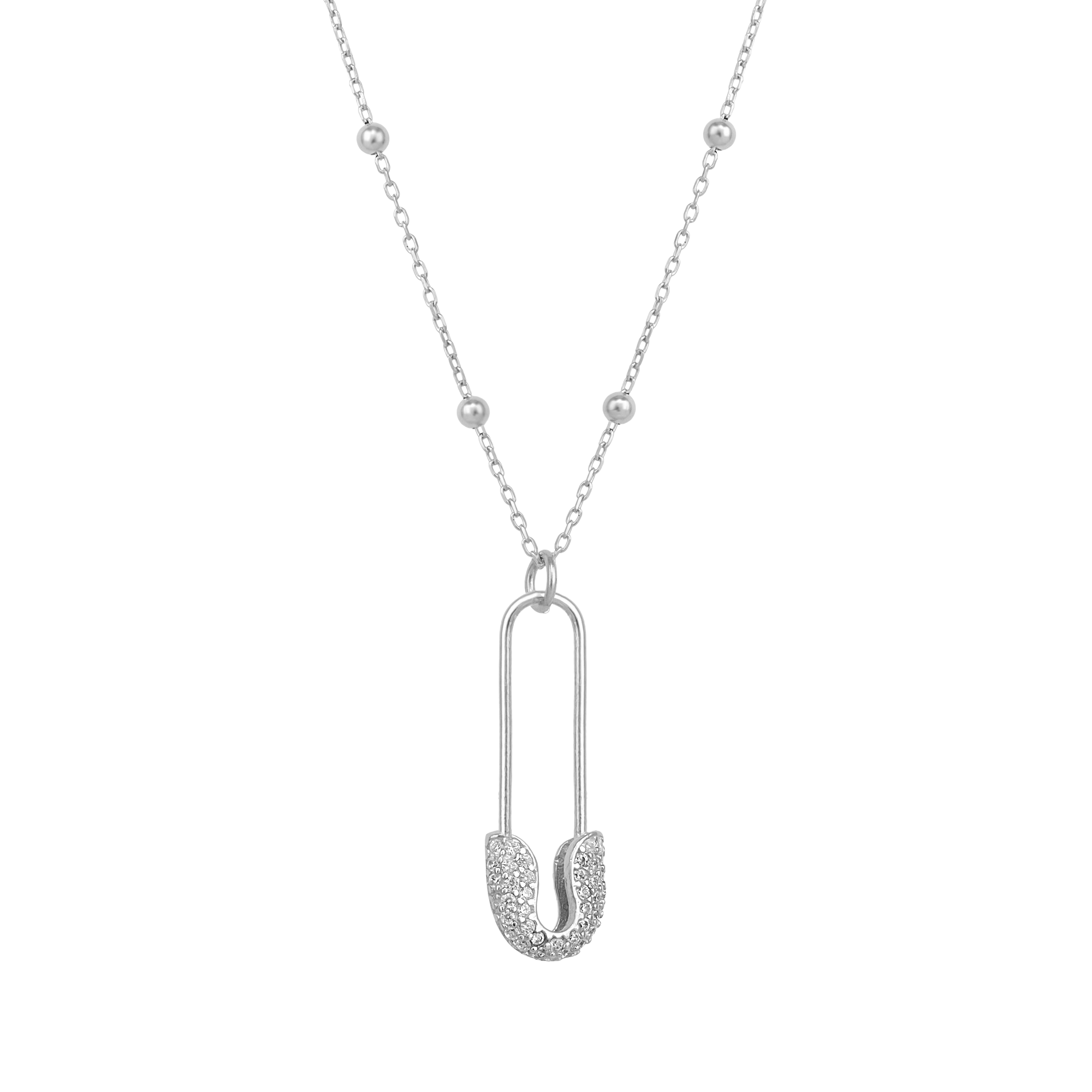 Sterling Silver Jewelled Safety Pin Necklace With Beaded Chain