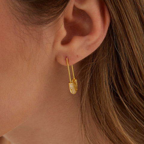 Pave Safety Pin Earrings Jewelled Sterling Silver