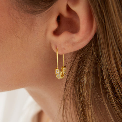 Pave Safety Pin Earrings Jewelled Sterling Silver