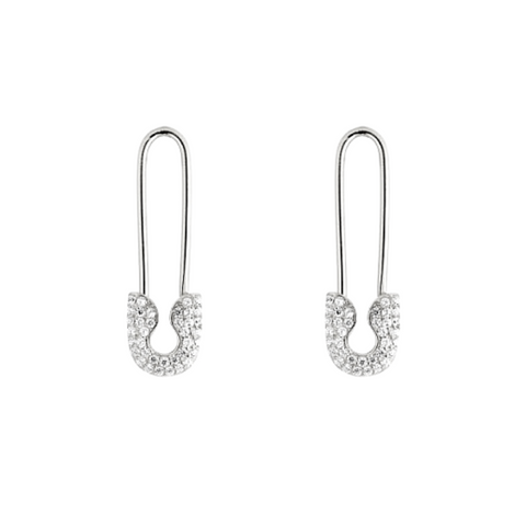 Pave Safety Pin Earrings Jewelled Sterling Silver