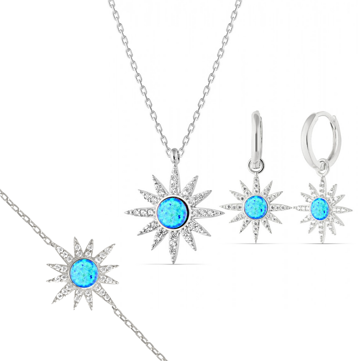 Blue Opal Sun Sterling Silver Necklace Earring and Bracelet Set