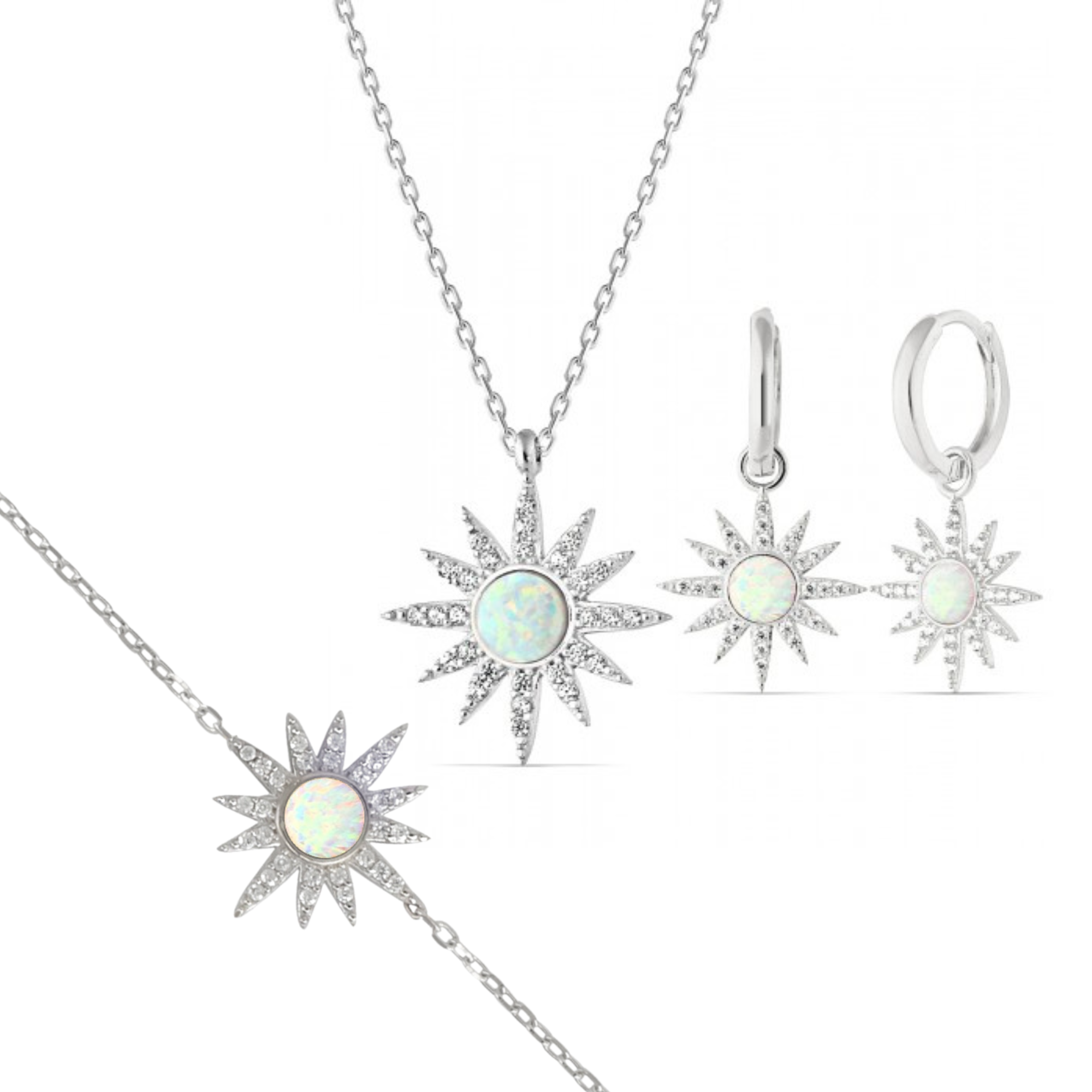 White Opal Sun Sterling Silver Necklace Earring and Bracelet Set