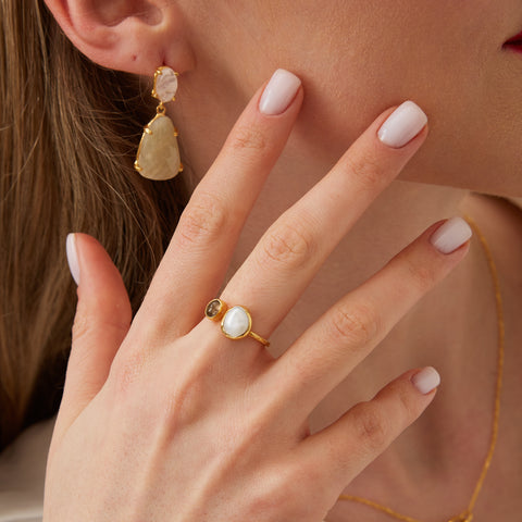 Double Natural Gemstone Adjustable Sterling Silver Ring