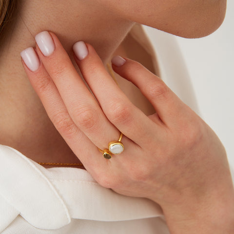 Double Natural Gemstone Adjustable Sterling Silver Ring
