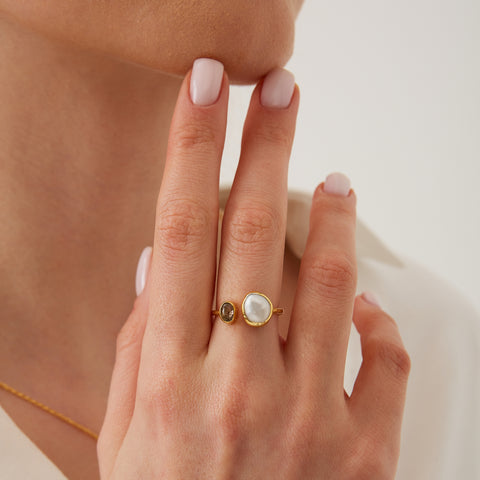 Double Natural Gemstone Adjustable Sterling Silver Ring