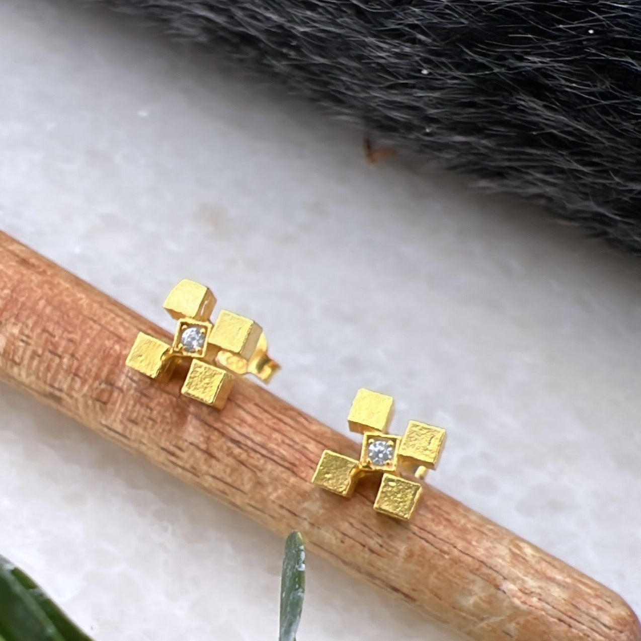 Four Cube Blocks Natural Textured Sterling Silver Authentic Stud Earrings