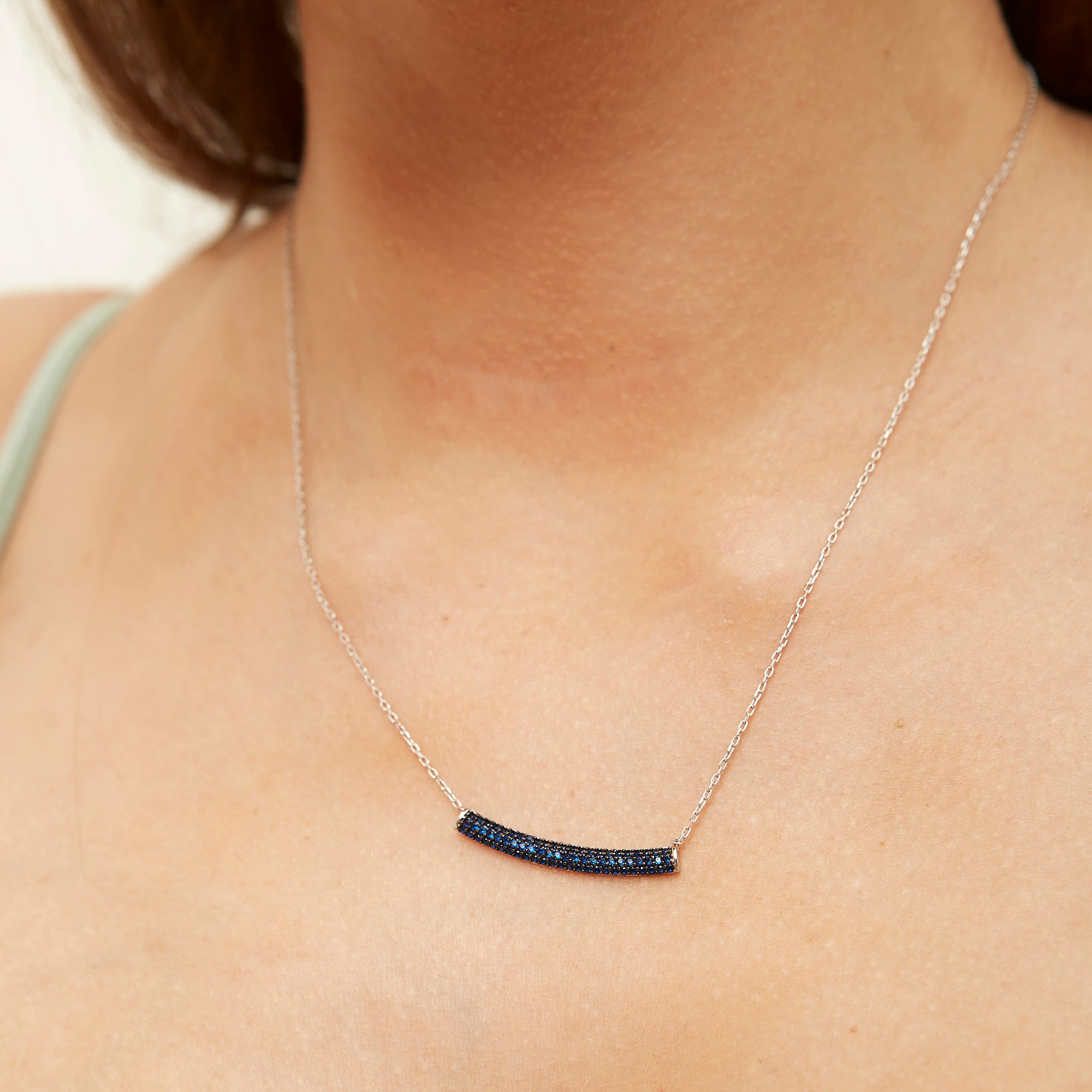 Sterling Silver Concave Bar Necklace - Blue - Spero London