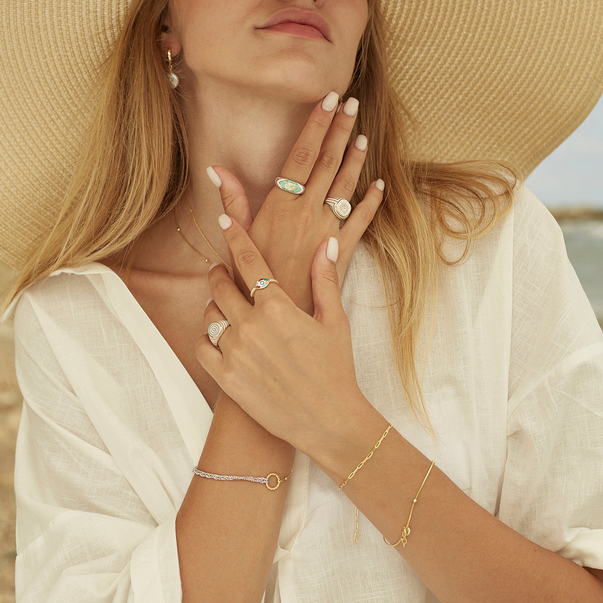 Adjustable Multi Nude Color Enamel Sterling Silver Signet Ring