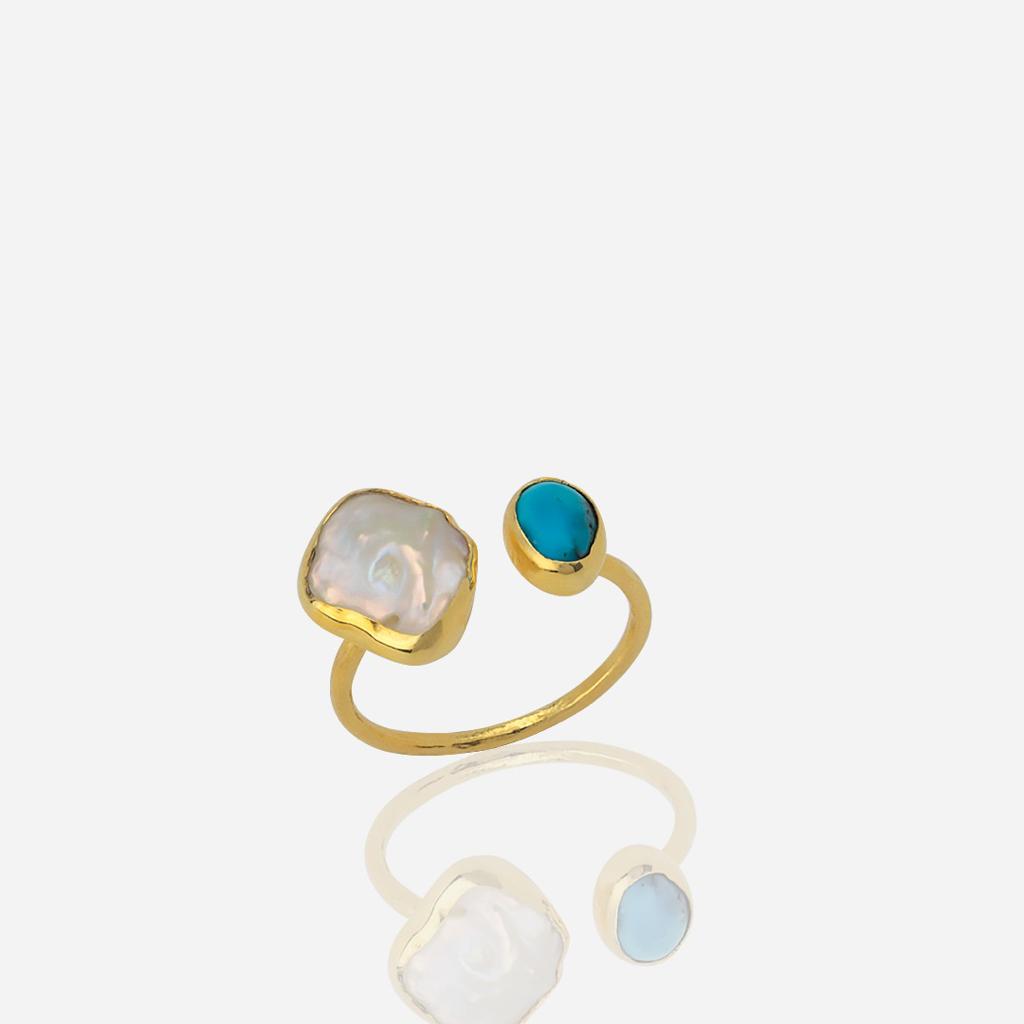 Double Natural Gemstone Adjustable Sterling Silver Turquoise Ring