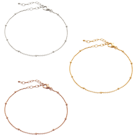 Bead Curb Chain Sterling Silver Adjustable Satellite Bracelet Set