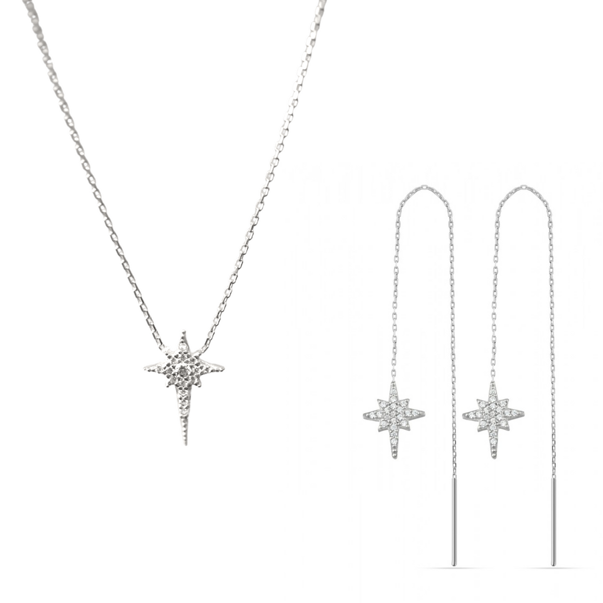Northern Star Polaris Sterling Silver Necklace and Drop Chain Earring Set