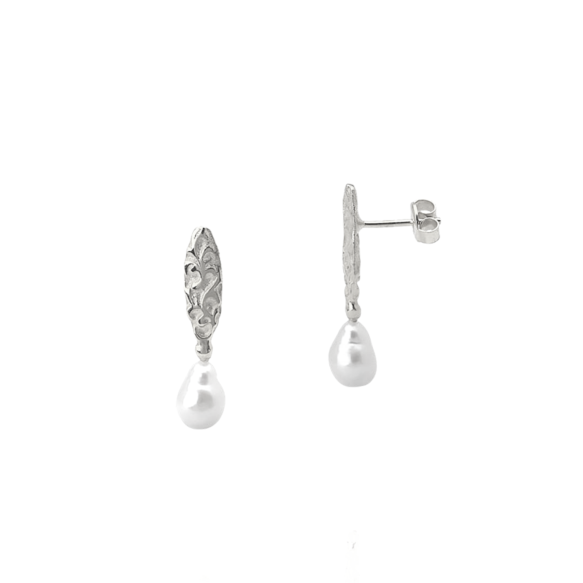 Drop Baroque Pearl Natural Textured Sterling Silver Authentic Earring