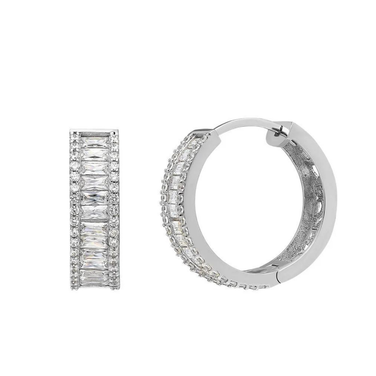 Baguette Cubic Zirconia Sterling Silver Pave Hoop Earring