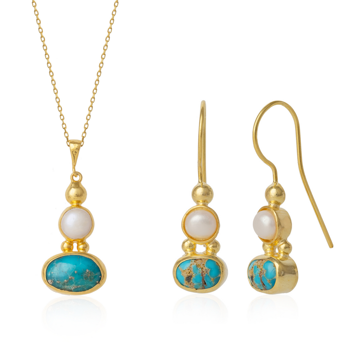Turquoise Authentic Pendant and Earring Sterling Silver Gold Plated Set