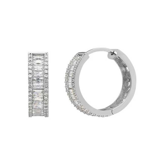 Baguette Cubic Zirconia Sterling Pave Hoop Earrings