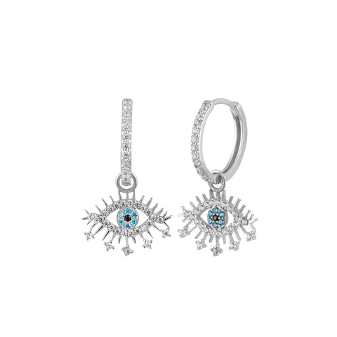 Evil Eye Earring Blue Eye Eyelash Pave Sterling Silver Earrings