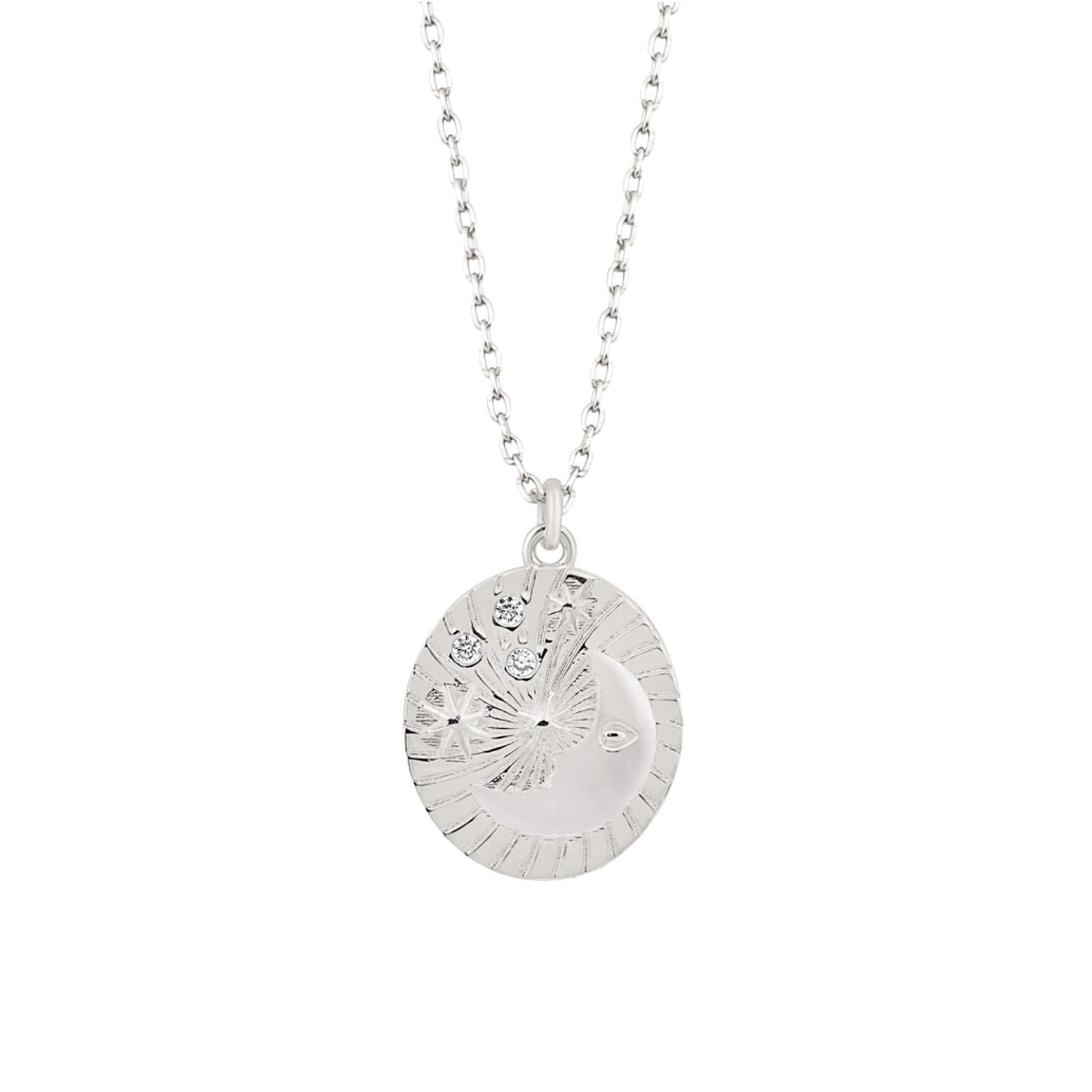 Moon Embossed Silhouette Sterling Silver Medal Necklace