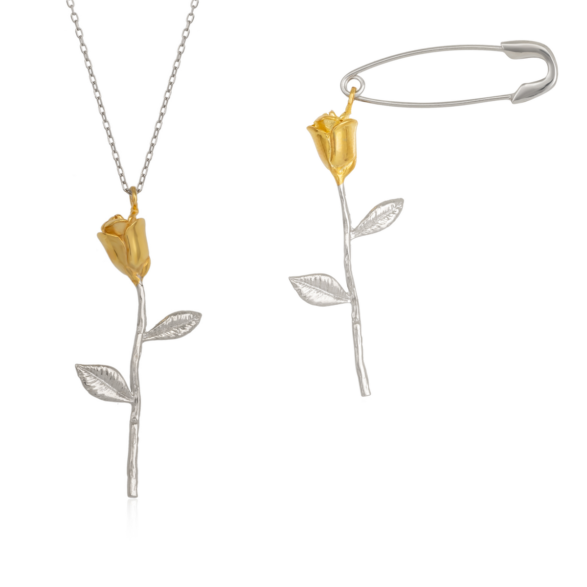 Gold Color Rose Sterling Silver Necklace and Safety Pin Earring Set