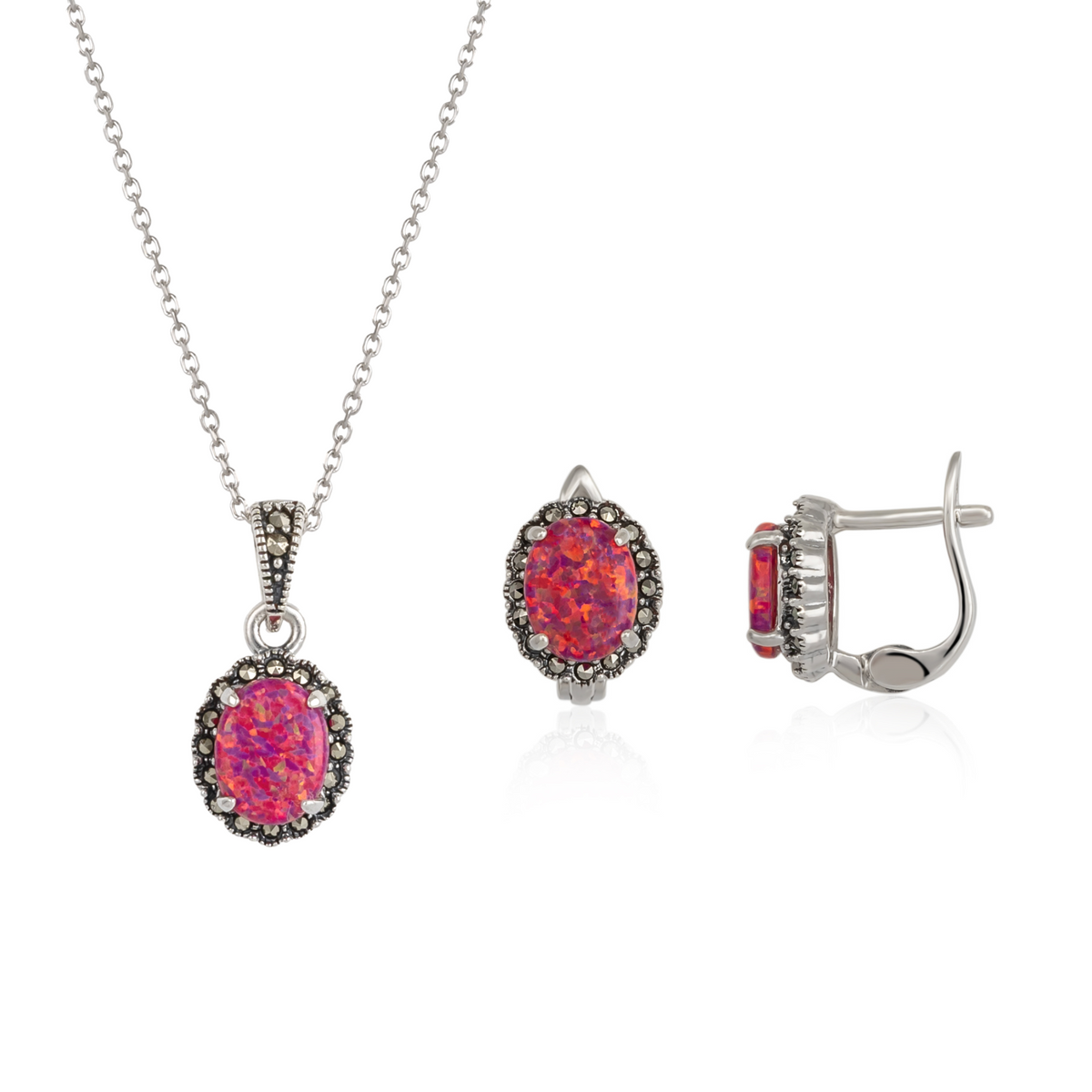 Circle Red Opal High Quality Sterling Silver Set