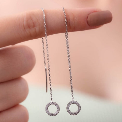 Circle Round Drop Earrings Sterling Silver - Pair