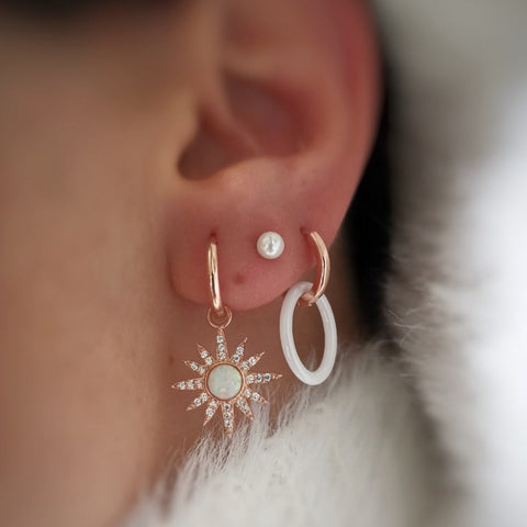 White Opal Sun Drop Hoop Earrings Sterling Silver