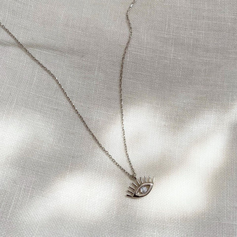 White Eye Evil Eye Sterling Silver Necklace and Studs Set