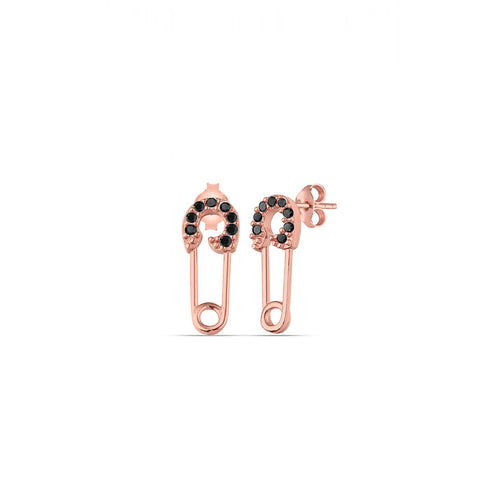 Sterling Silver Black Jewelled Mini Safety Pin Stud Earrings