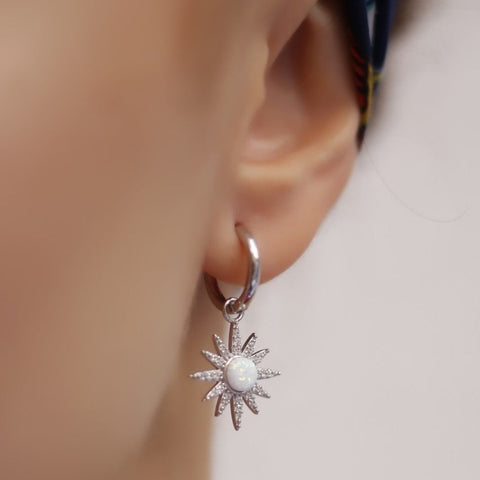 White Opal Sun Drop Hoop Earrings Sterling Silver