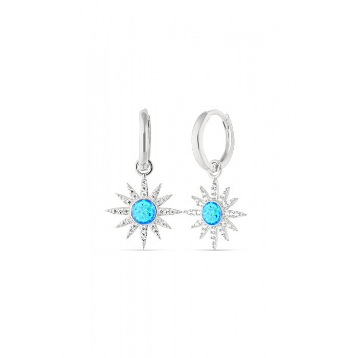 Blue Opal Sun Drop Hoop Earring Sterling Silver