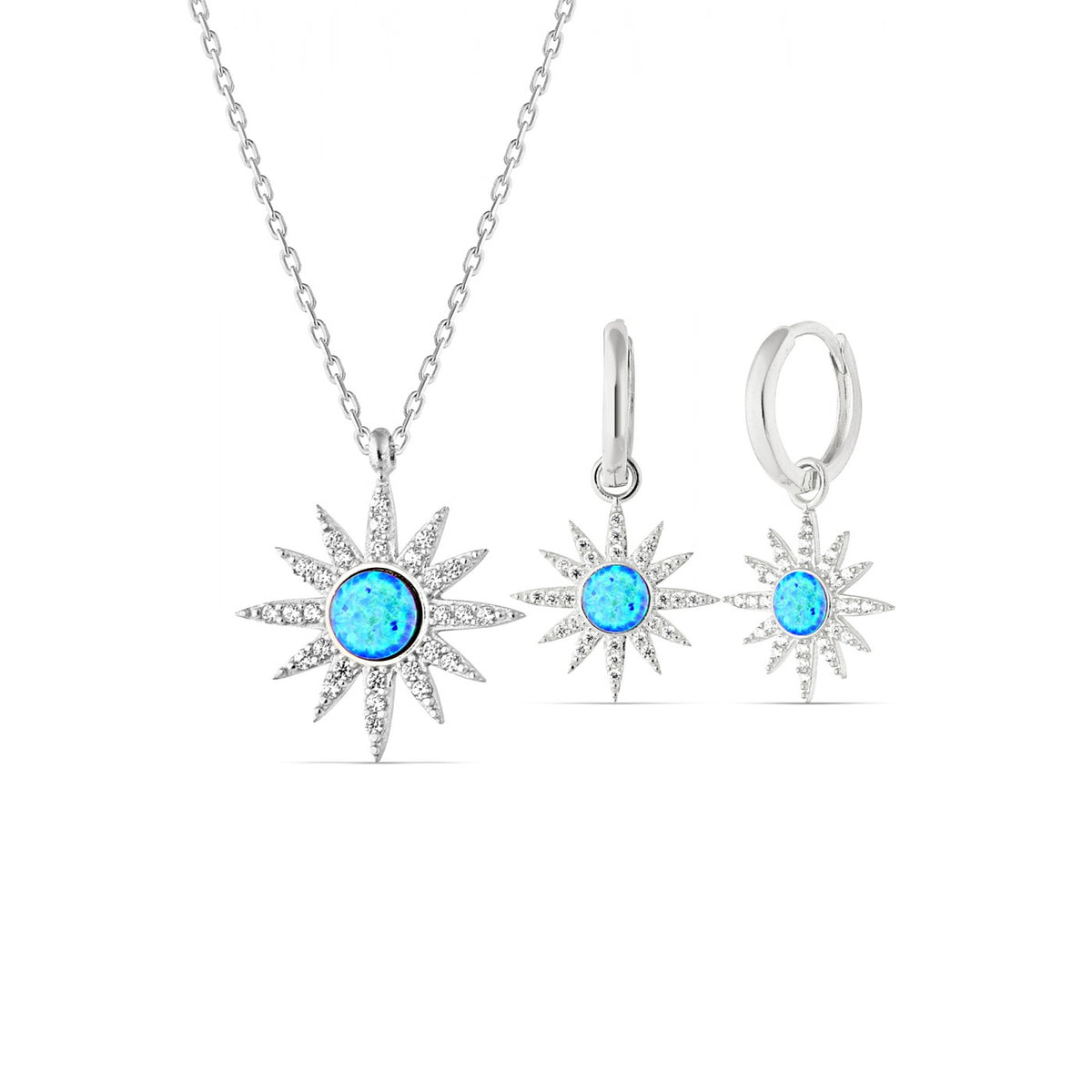 Blue Opal Sun Sterling Silver Necklace and Earring Set