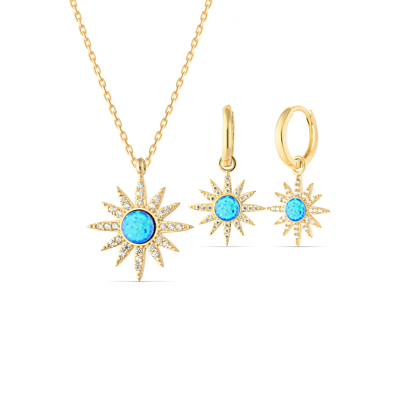 Blue Opal Sun Sterling Silver Necklace and Earring Set