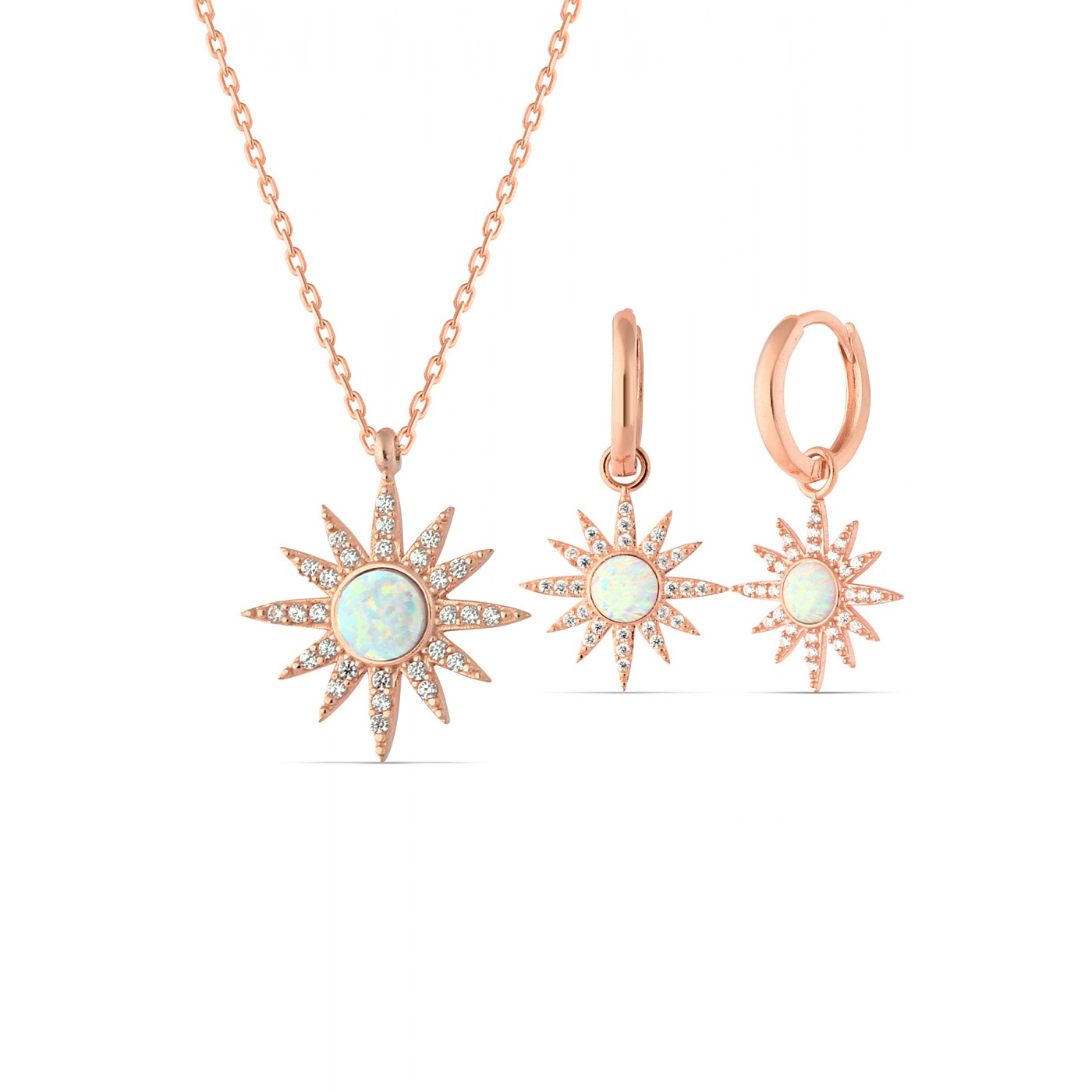 White Opal Sun Sterling Silver Necklace and Earring Set