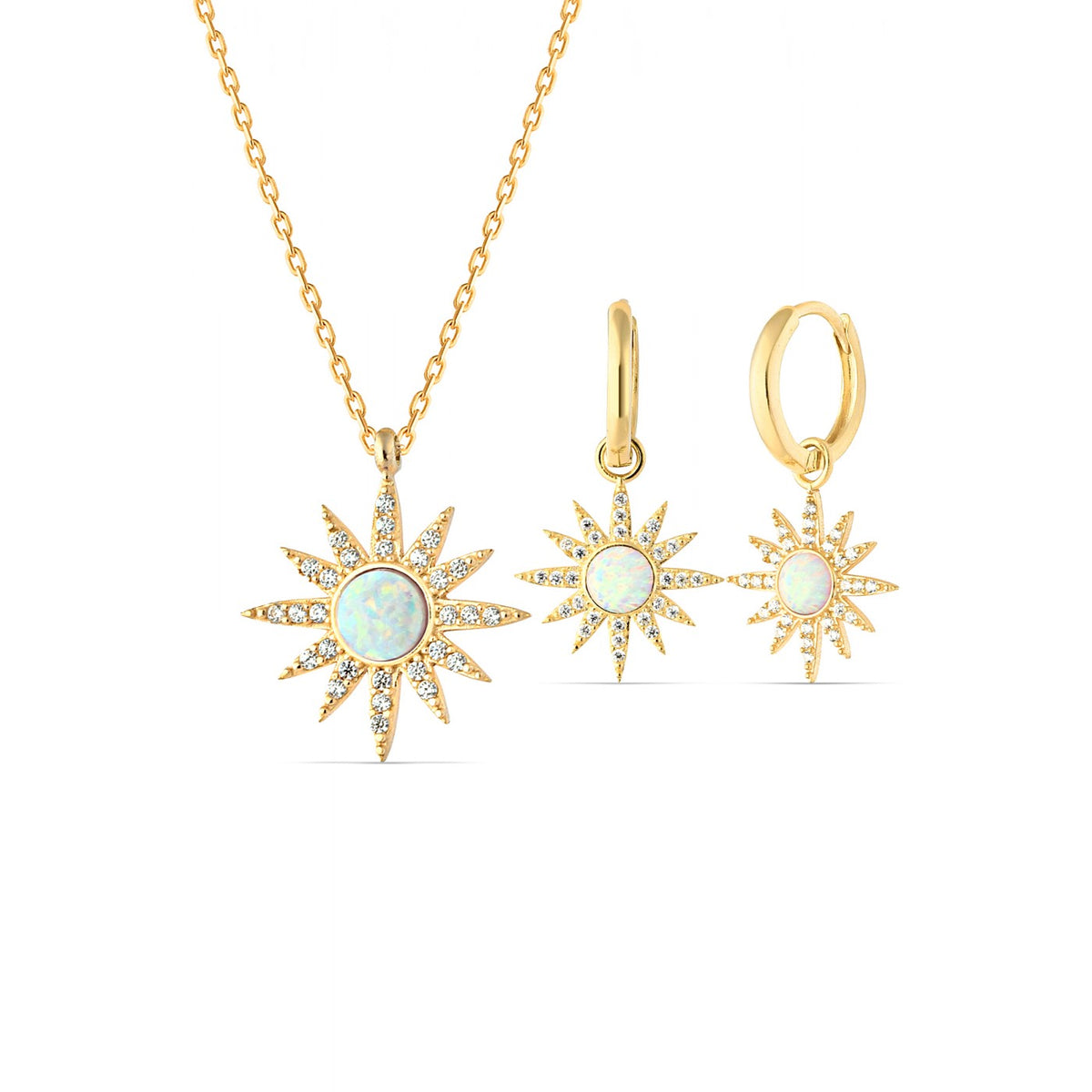 White Opal Sun Sterling Silver Necklace and Earring Set