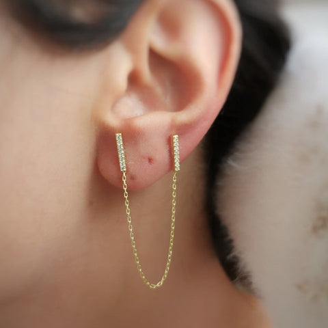 Chained Bar Chain Earrings Sterling Silver - Pair