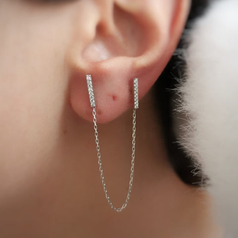 Chained Bar Chain Earrings Sterling Silver - Pair